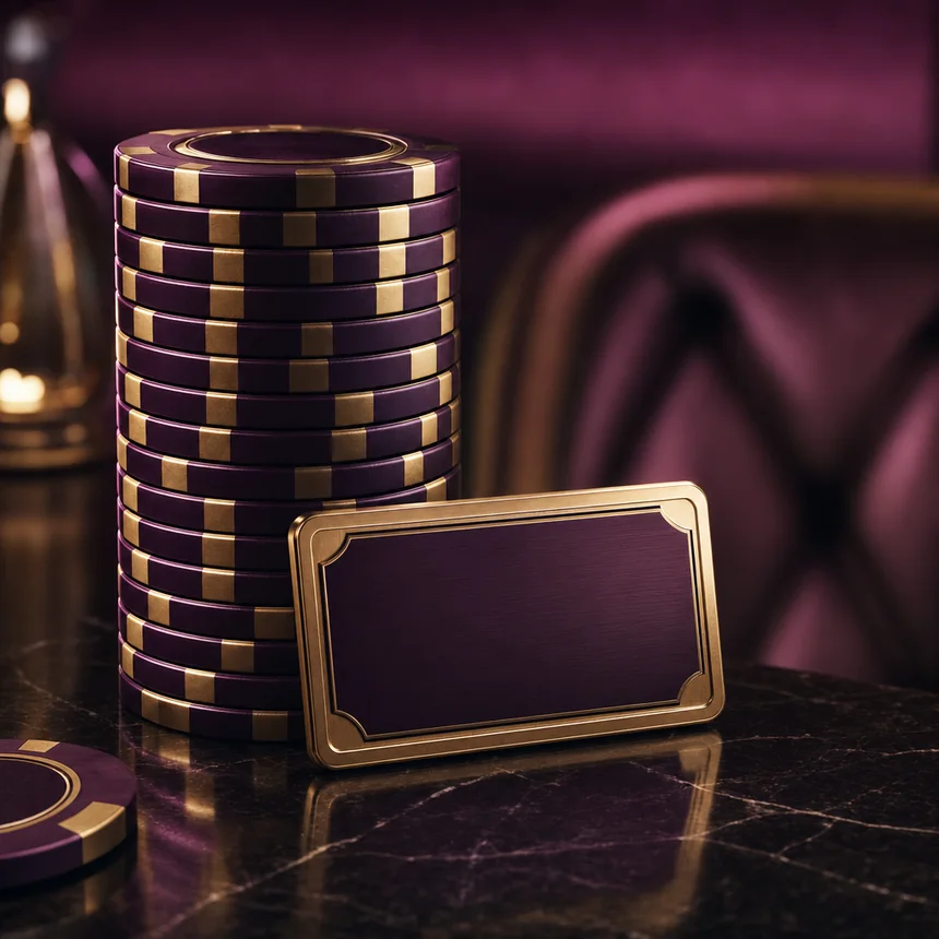 A stack of high-limit casino chips and a VIP plaque under dramatic light